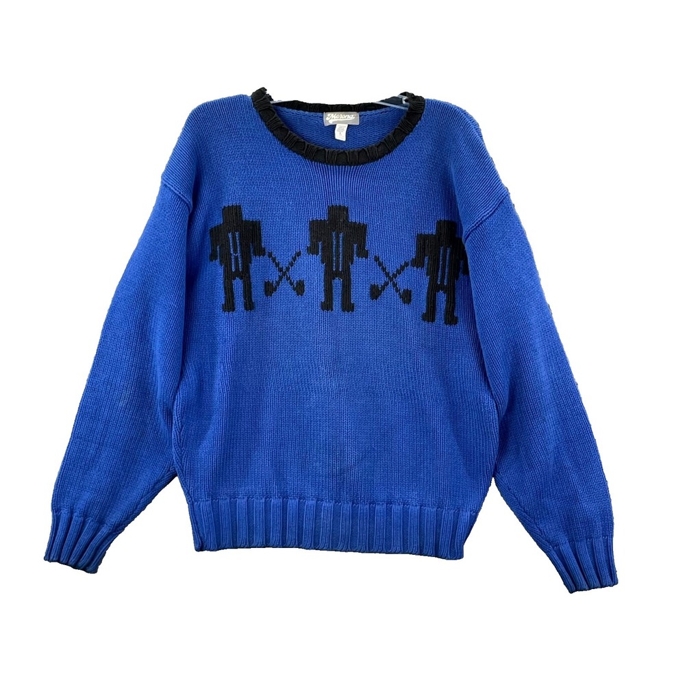 Vintage Merona Sweater Unisex Medium Blue Cotton Knit Warm Golf Minimalist 90s